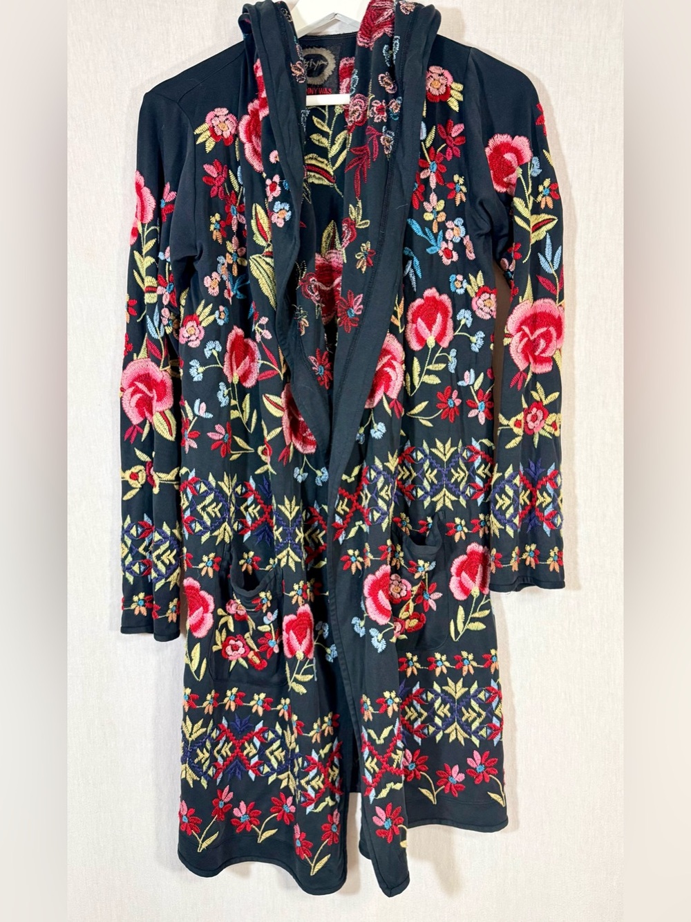 Johnny was XS Heavily Embroidered Floral Hooded Robe cardigan- Black with Res